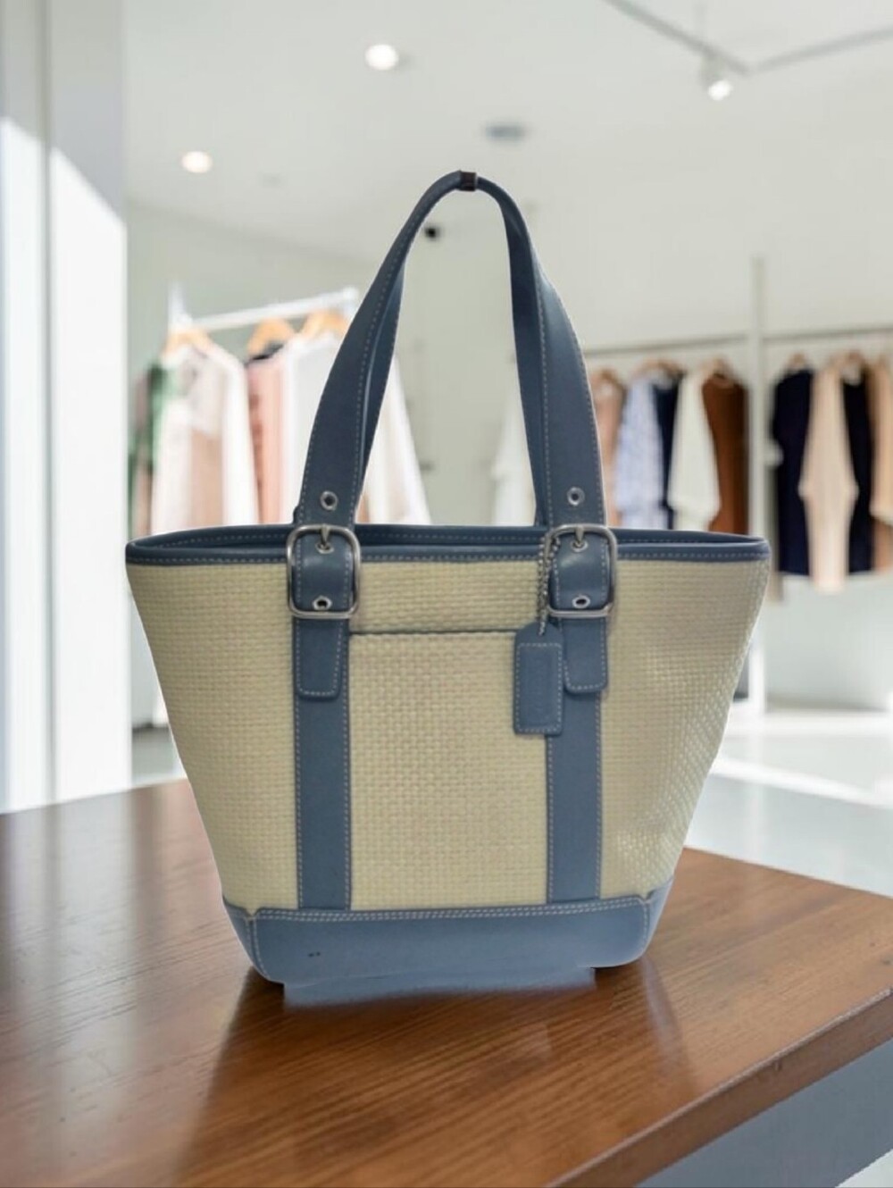 COACH Hampton  Small Handbag Blue Leather & Cream Straw